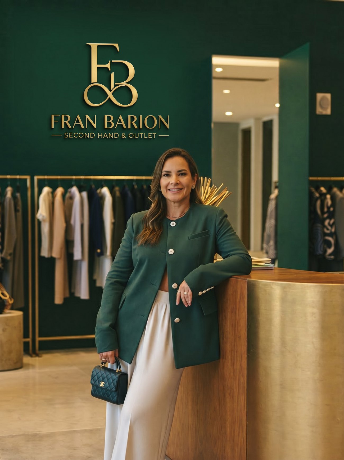 Fran Barion na boutique, diante do monograma FB